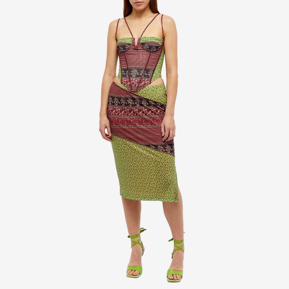 Miaou Green and Burgundy Patchwork Midi Dress